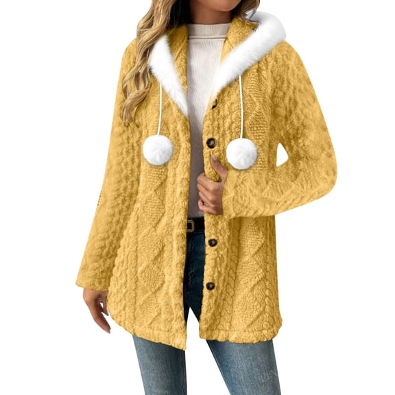 Dasayo Cable Knit Women's Coat Long Fleece Yellow Hooded Fuzzy Drawstring Outwear Jacket Women S