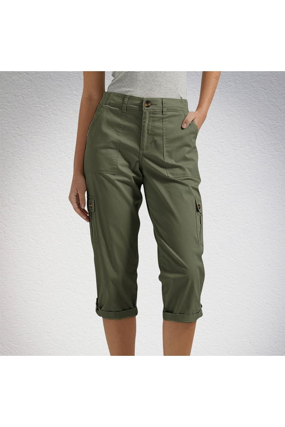 Capris Pants for Women Green Cropped High Waisted Solid Zipper Trousers Trousers for Women Jeans L