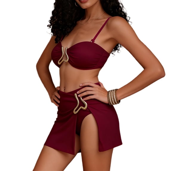 Dasayo Cheeky Womens Bikini Set Beach Push up 3 Piece Red Swim Skirt Soft Summer Bikini Sets Bathing Suit for Women XL