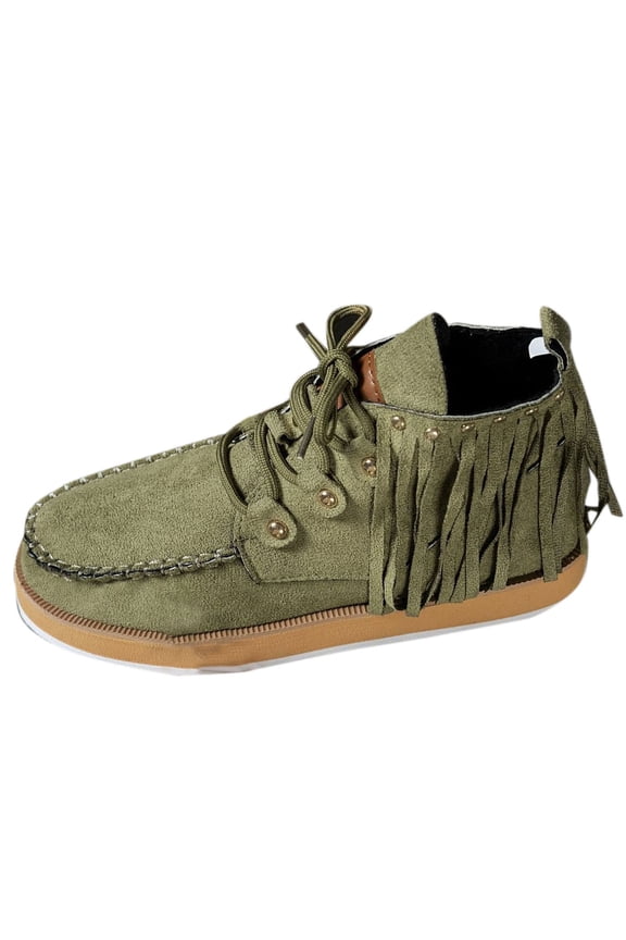 Chunky Woman Boots Ankle Western Green Fashion Lace up Fringe Boots Ladies Shoes 36