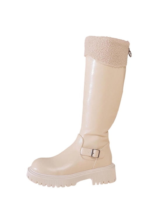 Chunky Woman Boots Mid-Calf Furry White Buckle Faux Leather Round Toe Shoes Womans Shoes 43