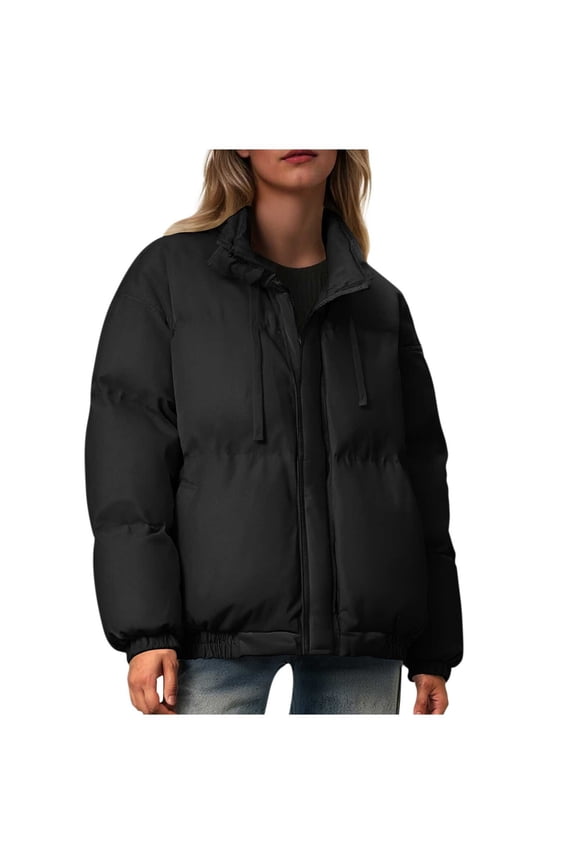 Coat Women Puffed Black Zipper Quilted Drawstring Winter Elastic Hem Coats Shacket Women XXL