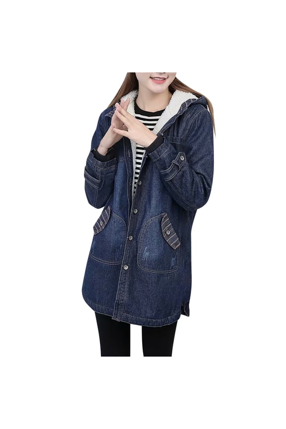 Coat for Women Denim Long Fleece Lined Blue Outdoor Buttons Hooded Jacket Women Jacket L