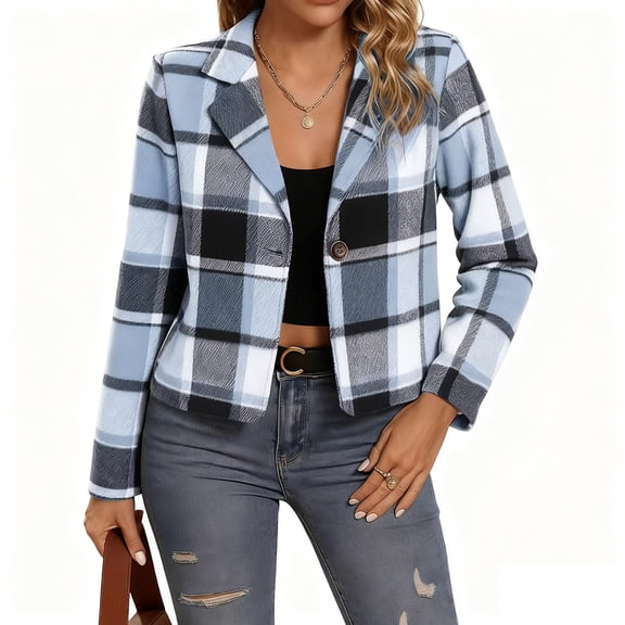 Dasayo Coats for Women Blue Plaid Trench Pea Office Crop Collared Jackets Womens Jackets Trendy XL