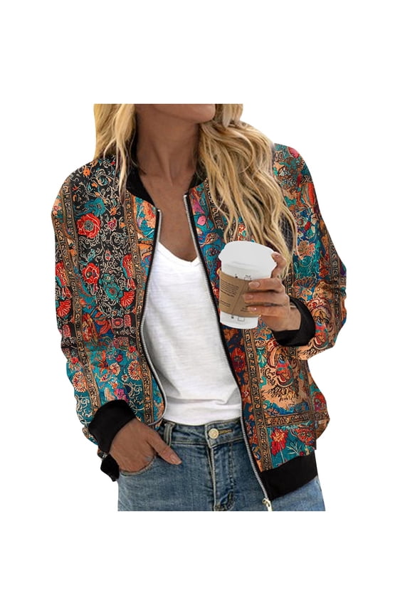 Coats for Women Full-Zip Brown Boho Bomber Jackets Floral Light Fashion Long Sleeve Outerwear Jackets for Women M
