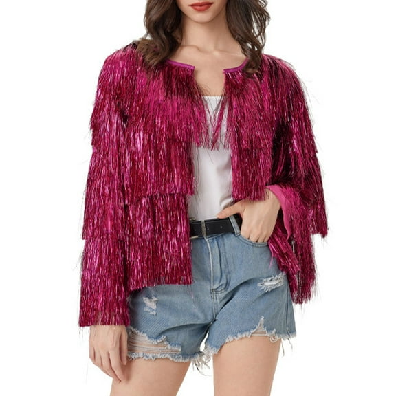 Dasayo Coats for Women Hot Pink Cropped Open Front Fringe Party Fashion Cardigan Women's Jackets L