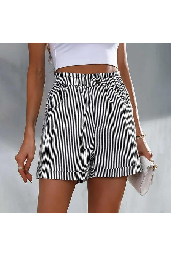 Comfy Shorts for Women Pull On High Rise Shorts Striped Flat Front Elastic Waist Shorts for Womens