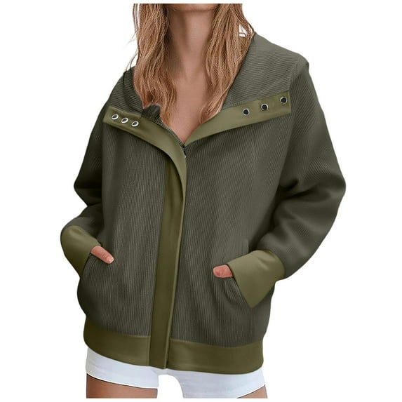 Dasayo Corduroy Women's Coats Overcoat Hooded Plus Size Green Jacket Zipper Contrast Streetwear Jackets for Women S
