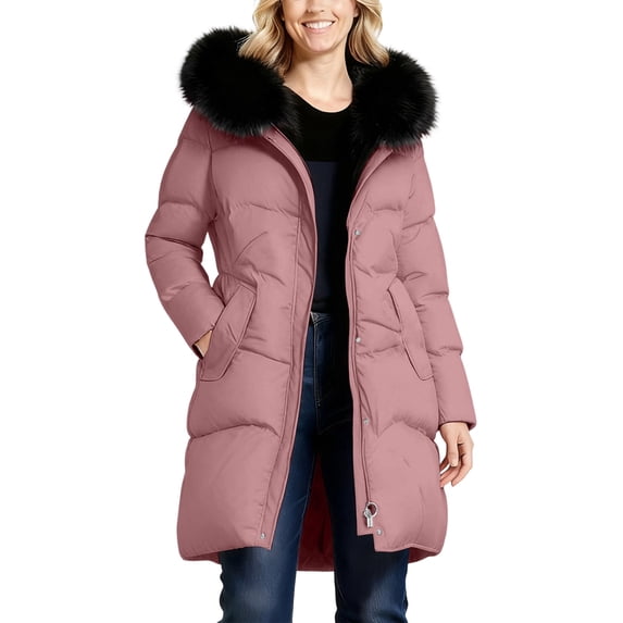 Dasayo Cotton Coats for Women Puffed Pink Quilted Hooded Zipper Fleece Long Coats Womens Shacket XXL