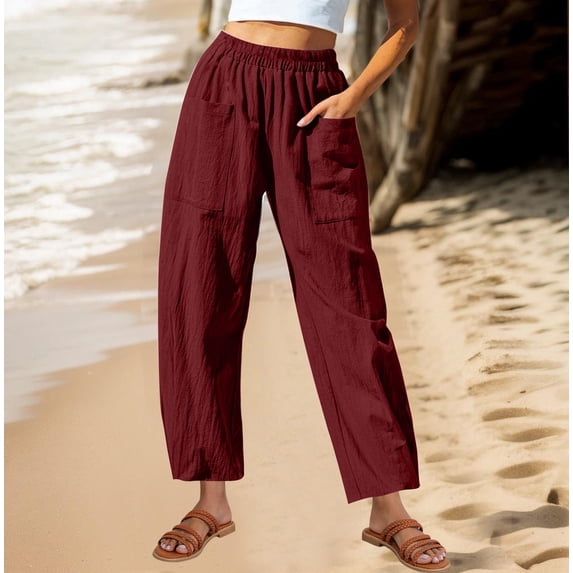 Dasayo Cotton Linen Womens Pants Red Loose Elastic Waisted Trousers Solid Leisure Pockets Slacks Sweatpants Women XL