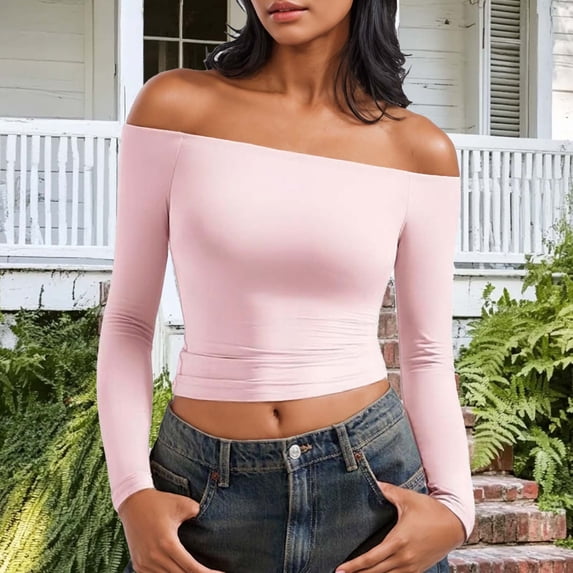 Dasayo Crop Women Tops Long Sleeve Cheeky Off Shoulder Pink Shirts Fashion Tight Solid Outfits Women's T Shirts M