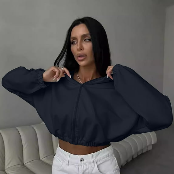 Dasayo Cropped Womens Sweatshirts Black Full Zip up Long Sleeve Solid Elastic Waist Hoodies Blouses for Women L