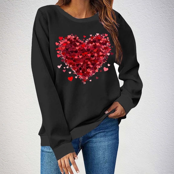 Dasayo Cute Sweatshirts for Women Black Light Weight Valentine's Day Shirts Spring Heart Sweatshirts Women's T-Shirts S