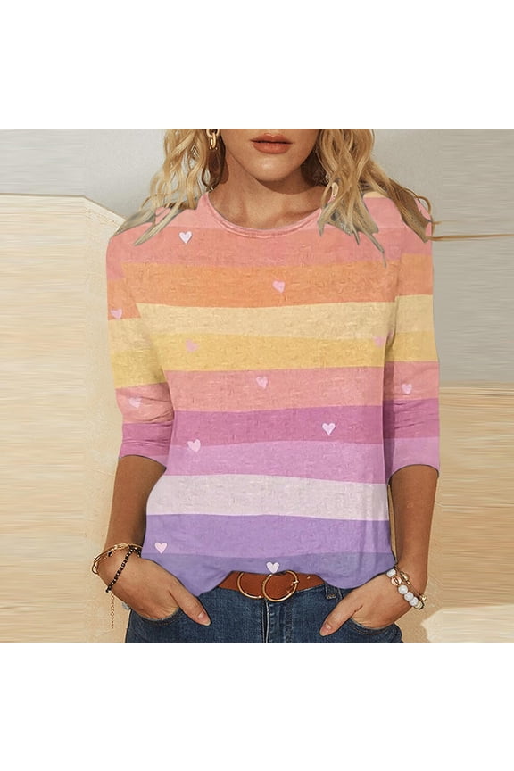 Cute Women's Tops 3/4 Sleeve Valentines Day Blouses Love Heart Striped Round Neck Summer T-Shirt Womens Shirt L