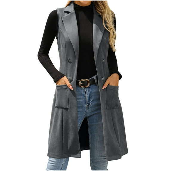 Dasayo Dark Gray Womens Vests Outerwear Trench Long Dressy Collared Business Casual Peacoat Vest Womens Jacket XXL