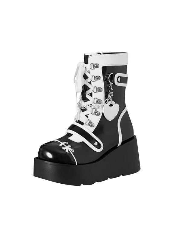Dress Boots Women Chunky Black Ankle Lace up Low Heeled Cute Faux Leather Booties Shoes for Women 37