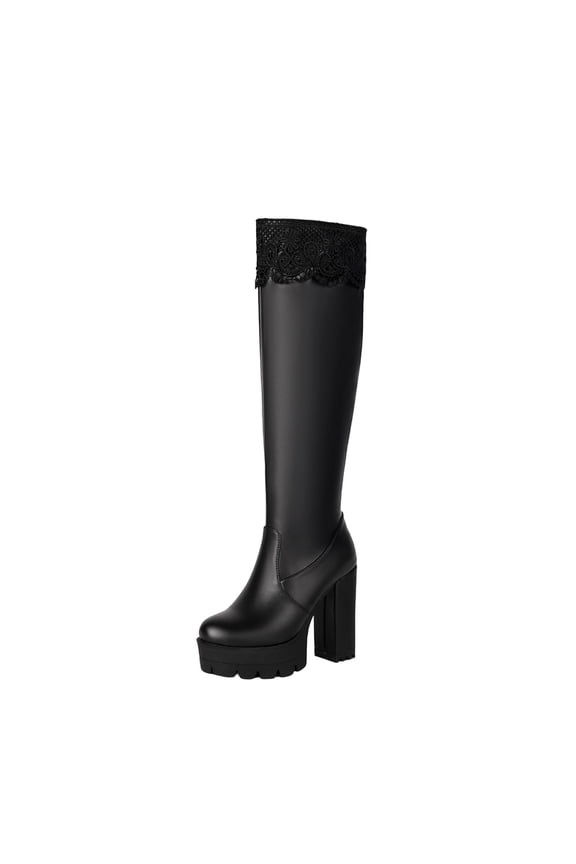 Dress Womans Boots Knee-High Fashion Black Lace Faux Leather High Heel Side Zip Bow Boots Ladies Shoes 36