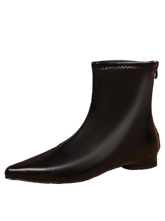 Dress Women Booties Black Ankle Wide Calf Flat Pointed Toe Faux Leather Boots Shoes Women 36