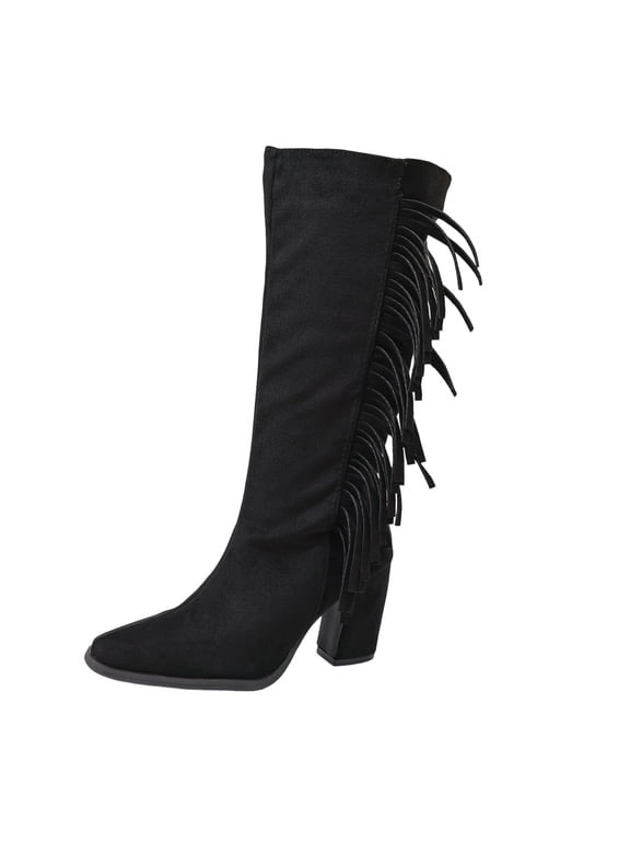 Dress Womens Boots Wide Calf Black Mid-Calf High Heel Fringe Western Boots Woman Shoes 40