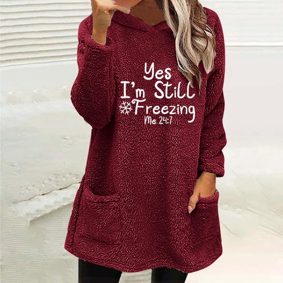 Dasayo Dressy Women's Fashion Hoodies & Sweatshirts Long Sleeve Fleece Red Graphic Pocket Winter Hoodies Womens Shirts S