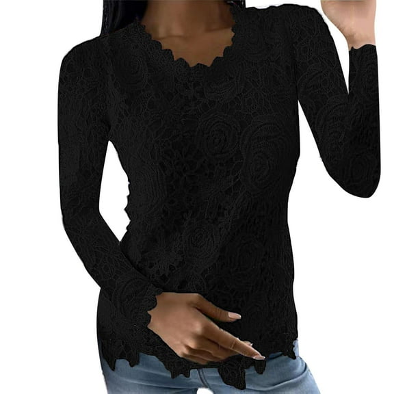 Dasayo Elegant Tops for Women 2025 Lace Black Long Sleeve Tops Fitted Crewneck Plain Solid Shirts Womens T Shirts XXXL