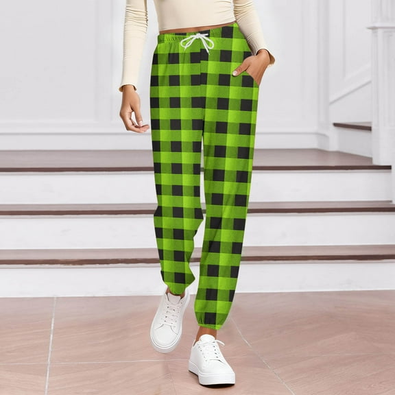 Dasayo Fall Pants for Women Green Taper High Waisted Plaid Drawstring Running Pajama Joggers Womens Slacks S