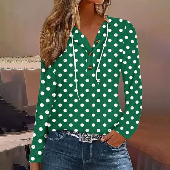 Dasayo Fall Sweatshirts for Women Lightweight Long Sleeve Cutout Polka Dot Drawstring Buttons Hoodies Womens Blouses XXL