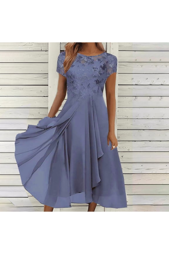 Fancy Women Dresses Wedding Guest Elegant Midi Dress Short Sleeves Chiffon Flowy Party Dresses