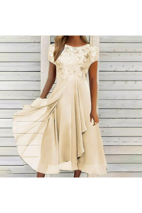 Fancy Women Dresses Wedding Guest Elegant Midi Dress Short Sleeves Chiffon Flowy Party Dresses