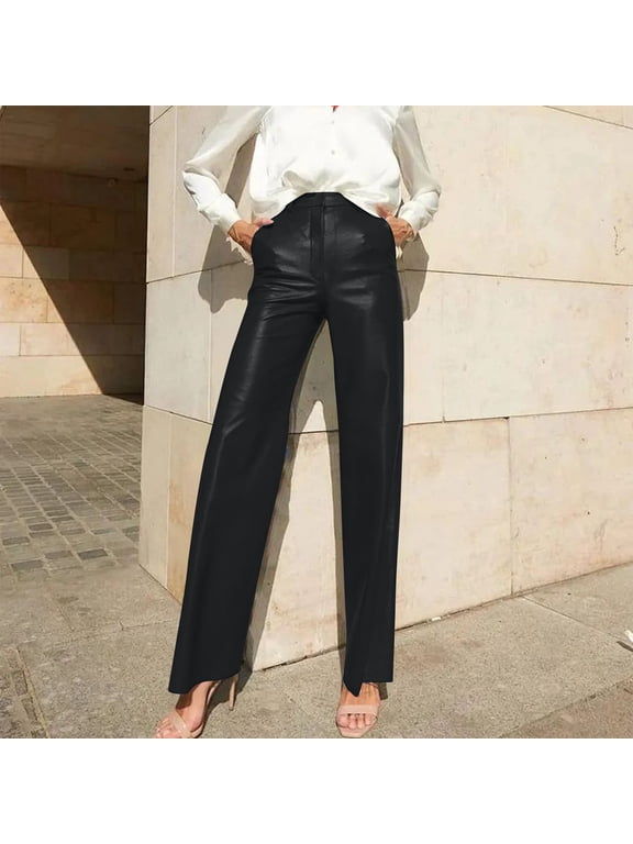 Faux Leather Women Pants Black Business Casual High Waist Fashion Straight Pants Womens Slacks M