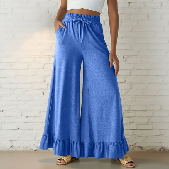 Dasayo Flare Pants for Women High Waist Wide Leg Palazzo Blue Drawstring Ruffle Pants Trousers for Women M