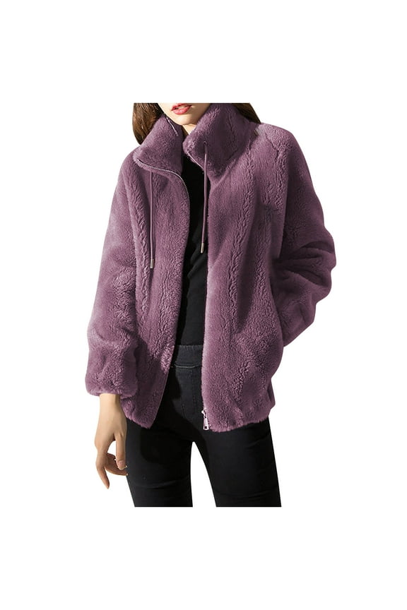 Fleece Coat Women Purple Winter Fuzzy Collared Drawstring Loose Coats Women's Jackets XXL