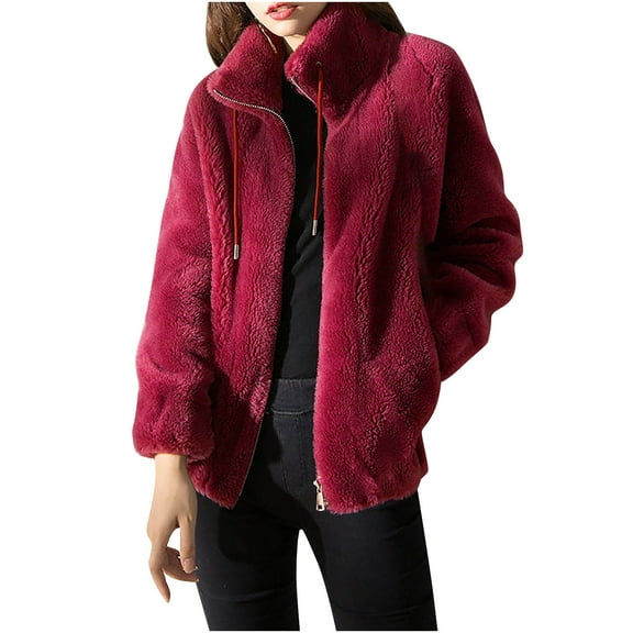 Dasayo Fleece Coat Women Winter Red Fuzzy Drawstring Loose Collared Coats Jackets for Women S