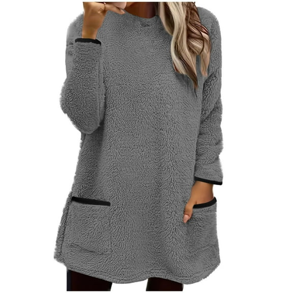 Dasayo Fleece Ladies Tops Winter Gray Long Sleeve Blouses Dressy Fuzzy Solid Pockets Sweaters Tshirts for Women S