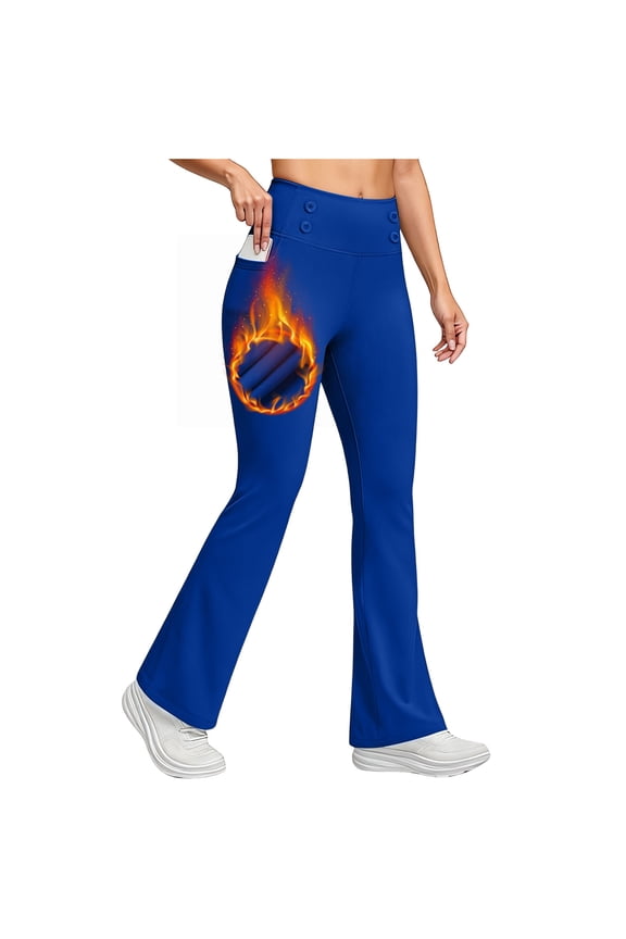 Fleece Lined Tights for Women Tummy Control High Waist Flare Blue Thermal Winter Leggings Trousers for Women M