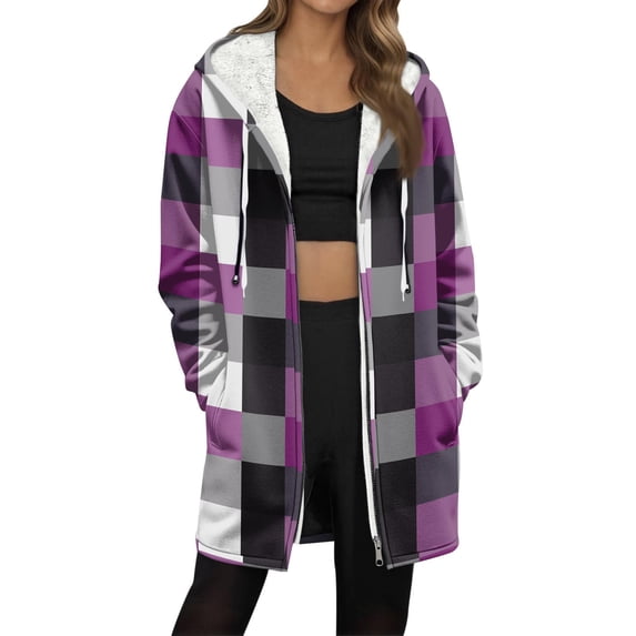 Dasayo Fleece Women Coat Purple Long Thermal Plaid Drawstring Zip up Coats Womens Jackets Trendy L