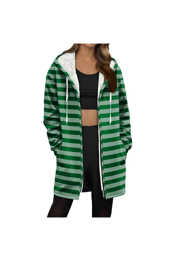 Fleece Womens Coats Green Long Thermal Zip up Drawstring Striped Coats Womens Jackets S