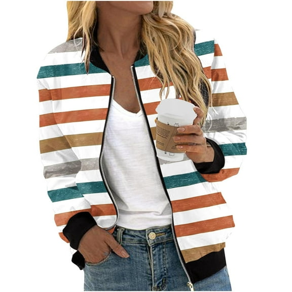 Dasayo Full-Zip Womens Coats Barn Bomber Jackets Fashion Light Long Sleeve Striped Streetwear Jackets for Women L