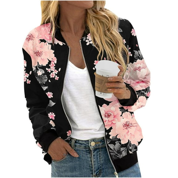 Dasayo Full-Zip Womens Coats Barn Bomber Pink Jackets Floral Fashion Lightweight Outfits Jackets for Women Trendy M