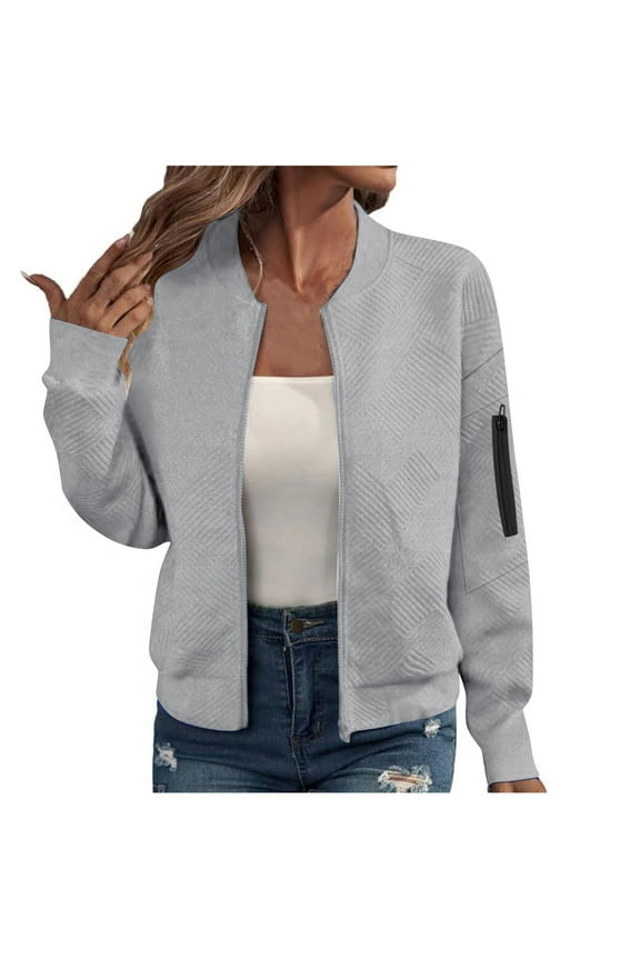 Full-Zip Womens Coats Bomber Gray Barn Jacket Fashion Lightweight Long Sleeve Outerwear Womens Jackets Trendy S