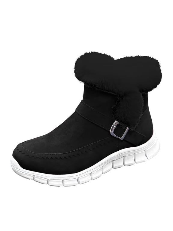 Furry Woman Boots Black Ankle Winter Warm Non Slip Buckle Fuzzy Boots Shoes Women 38