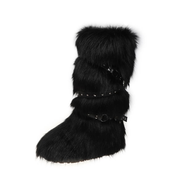 Dasayo Furry Woman Boots Black Mid-Calf Comfortable Fashion Buckles Winter Boots Womans Shoes 36