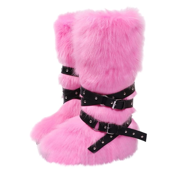 Dasayo Furry Woman Boots Pink Winter Mid-Calf Comfy Buckles Fuzzy Warm Boots Womens Shoes 39