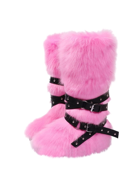 Furry Woman Boots Pink Winter Mid-Calf Comfy Buckles Fuzzy Warm Boots Womens Shoes 39