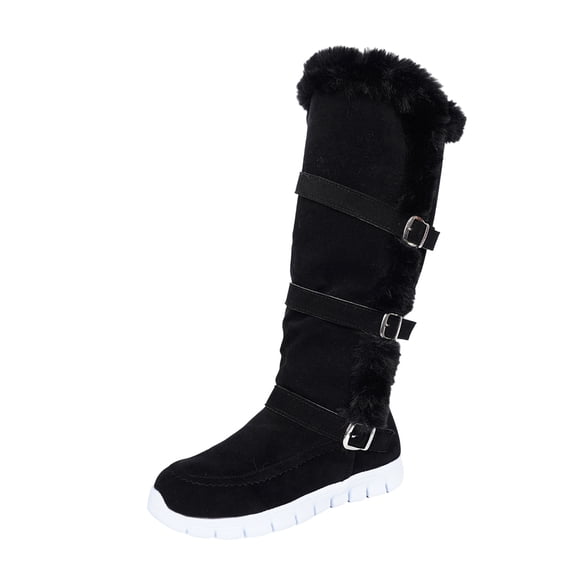 Dasayo Furry Womans Boots Mid-Calf Winter Black Non Slip Buckles Snow Fleece Lined Boots Women Shoes 43