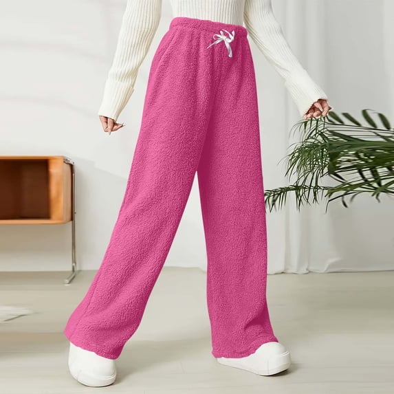Dasayo Furry Women's Pants Pajama Fleece Hot Pink High Waist Plus Size Drawstring Pants Sweatpants Women L