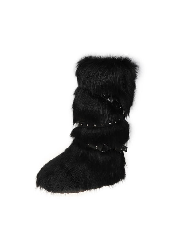 Furry Womens Boots Black Comfortable Mid-Calf Winter Fashion Buckles Boots Womans Shoes 37