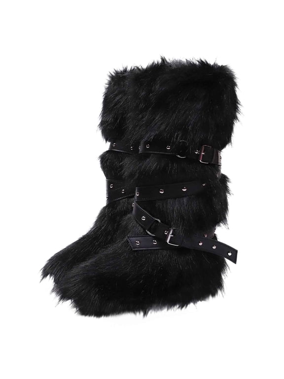 Furry Womens Boots Winter Mid-Calf Black Comfy Buckles Fuzzy Warm Boots Ladies Shoes 36