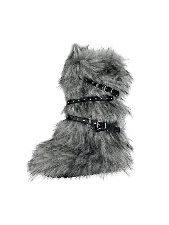 Gray Boots for Women Furry Mid-Calf Comfortable Buckles Fashion Winter Boots Shoes Women 38