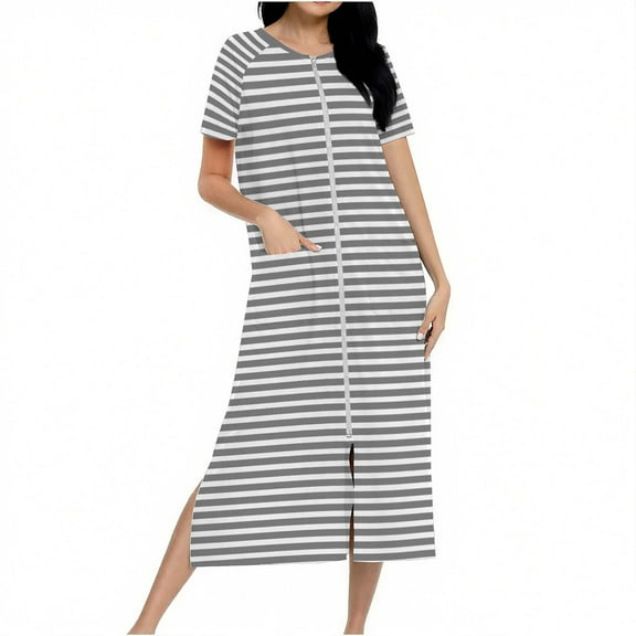 Dasayo Gray Nightgowns for Women Zipper Plus Size Long Nightgown Side Split Striped Sleepwear Pajamas for Women M